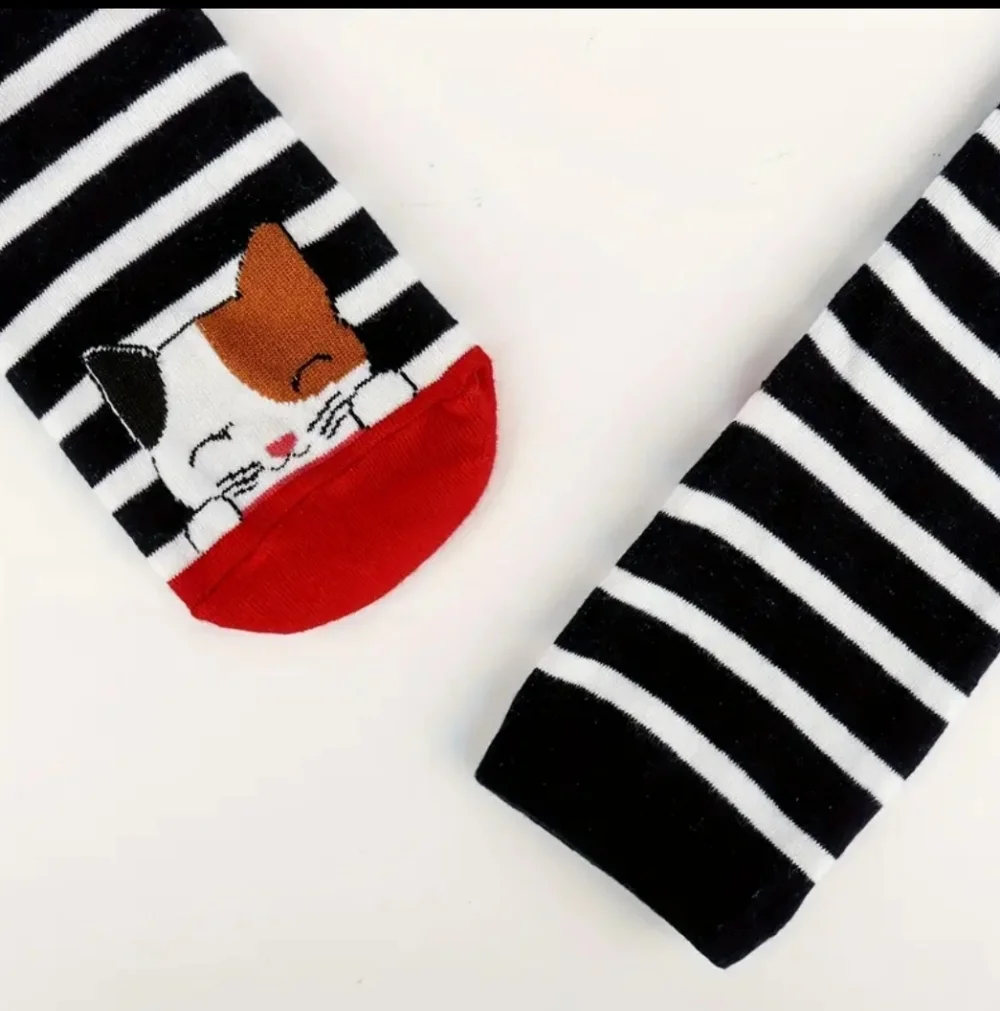 Cat-Themed Striped and Polka Dot Socks Set, 5 pair